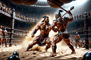 score_9_up, score_8_up, score_7_up, sharp details, (Two muscled fighters), (fighting in a slave pit arena:1.2), (one extremely detailed northern barbarian:1.2) vs. (one Extremely detailed gladiator:1.3), motion lines, afterimage, High speed Slow motion, Realistic 3d glossy effect, floating particles, photoreal, photographic, cinematic lighting, cinematic composition, rule of thirds, mysterious, eerie, ultrarealistic, photorealism, 8k, 