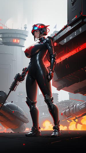 sole_female, (huge boobs:1.2), full black and red (carbonfiber nanosuit:1.2), (hero landing stance:1.3),  machine gunner, digital painting, concept art, matte, masterpiece, oil painting, heavy brush stokes, armor plating, full body, futuristic, detailed, intricate, rendered in unreal engine, photorealistic, humanoid, symmetrical, head in frame, aggressive lighting, dramatic lighting, red armor accents, neon paint, oil painting, photorealistic