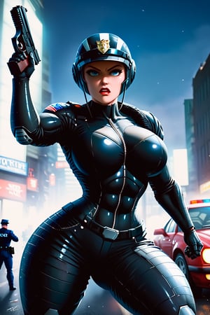 Extremely detailed, insanely sexy (robocop woman:1.3), (full metallic armor:1.2), (full helmet with black visor:1.2), matte light blue grey armor, curvaceous, getting out of police car, action pose, (handling a long automatic pistol:1.3), night scene, police red blue lights, zdyna_pose, 
