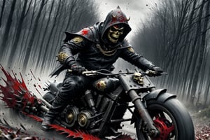 The caped Chainsaw biker, grotesquery, dark, eerie, hellish motorcycle, art by Yoann Lossel, spikes on wheels, bloody Macabre, 2000 AD comic style, red image filter, 3d ground view, High speed Slow motion, Dynamic motion blur, fisheye cam, dslr, raw photography, cinematic motion. ,SD 1.5