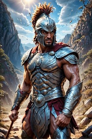 photo realism, 15mm wide-angle lens, masterpiece Art by Joe Jusko and joe madureira, (Extremely perfect, exagerated muscled anatomy:1.4), (Greek hoplite Spartan, holding a spear and shield:1.3), ultra photoreal, photographic, concept art, cinematic lighting, cinematic composition, ultra-detailed, ultra-realistic, photorealism, 8k, octane render, cinematic, realistic, highly detailed, UHD, perfect composition, beautiful, intricate, insanely detailed, rays, reflects. 
