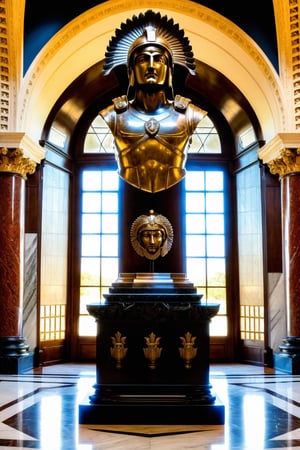 Spartan warrior cast as a bronze bust statue, positioned centrally on a marble pedestal flanked by Corinthian columns, intricate detail on the helmet plume, patina accentuating the warrior's stern features, armor embossed with historical motifs, in a grand hall with sunlight filtering through high arching windows casting soft shadows, dramatic lighting, high dynamic range, 8k resolution.