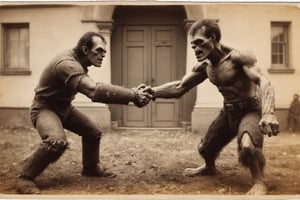 Two diferent characters, hyperrealistic Vintage art of a (angry Frankenstein:1.3) vs. (A Savage Wolfman:1.3), Zdzislaw Beksinski style, extremely high-resolution details, photographic, realism pushed to extreme, fine texture, incredibly lifelike, medium shot, grotesquery, ultra skin, intricate clothes, badass look, action, best quality, artwork masterpiece, REALISTIC, Enhanced Reality, 