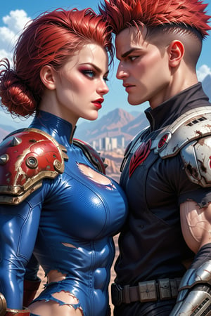 Dystopian war, Metal hurlant art style, (power couple:1.4), (a woman, extremly beautiful, ripped muscles, thicc ties, busty, red hair mistress, wearing ripped short bodysuit, shoulder pads:1.3), calm and assertive bad look, behind her back a (big alien bodyguard man, extremely muscled with light armor, spiked hair:1.3), (warfare:1.3), (futuristic dark sci-fi style, dystopian wasteland city background) , score_9_up, score_8_up, score_7_up,