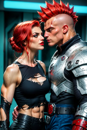 In love, Metal hurlant art style, (power couple:1.4), (woman, extremly beautiful and ripped muscled, red hair mistress, wearing ripped clothes, calm and assertive look:1.3), And a (big alien man, extremely muscled with light armor, spiked hair, with a huge heavy sci-fi gun:1.3), futuristic dark sci-fi style, dystopian city scene, score_9_up, score_8_up, score_7_up,