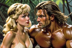 Award-wining photography, (Savage man Tarzan), protecting a beautiful 1920s (blonde woman), perfect face, sharp eyes, extremely definition, ripped clothes, pre-historic wilderness, Volumetric 3d effect, ZBrush render, additional Blender details, scene from a cinematic high quality movie, action, eerie, Vintage style, cinematic natural lighting, lines by Frank Frazetta. 