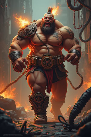 Arcade style platformer, Jinborov Karnovski aka karnov the bulging-muscled, fire-breathing, east-Russian, ex-circus strongman bald hero, belly, running to fight monsters, arcade game style, dynamic, vibrant, action-packed, detailed character design, reminiscent of fighting video games, 