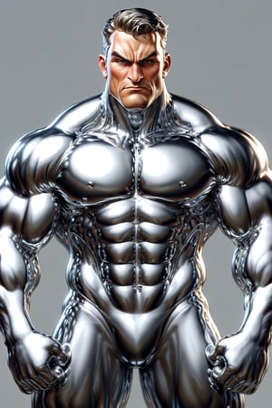 Photorealism, 8k, sharpest detail, (Man with (full) body made of chrome:1.2), heroic front posing as bodybuilder, arms up, perfect anatomy and musculature, masterpiece art by joe madureira and joe jusko, (reflective:1.2). 