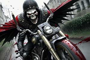 The caped Chainsaw biker, grotesquery, dark, eerie, hellish motorcycle, art by Yoann Lossel, spikes on wheels, bloody Macabre, 2000 AD comic style, red image filter, 3d ground view, High speed Slow motion, Dynamic motion blur, fisheye cam, dslr, raw photography, cinematic motion. 