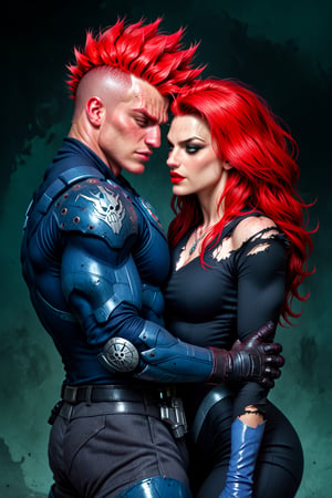 In love, Metal hurlant art style, (power couple:1.4), (woman, extremly beautiful and ripped muscled, red hair mistress, wearing ripped clothes, calm and assertive look:1.3), And a (big alien man, extremely muscled with light armor, spiked hair, with a huge heavy sci-fi gun:1.3), futuristic dark sci-fi style, dystopian city scene, score_9_up, score_8_up, score_7_up,