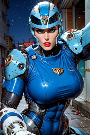 (insanely fit, sexy robot cop woman:1.4), (wearing full metallic matte light blue grey smooth armor:1.3), rounded smooth shapes, (huge breasts:1.2), (wearing a full steel beautiful face helmet:1.3), commanding action pose, (handling a long automatic sci-fi pistol:1.3), night scene, police red and blue lights, score_9_up, score_8_up, score_7_up,