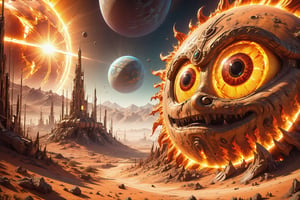 Award-wining sci-fi digital art, (a Gigantic fiery sun with eyes, sarcastically smiling:1.4), in a collision path with a planet, (a rocket spaceship flees into open space towards the camera:1.2), intricate details, galactic aura symphony. 