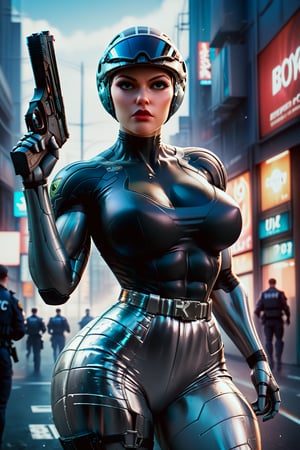 score_9, score_8_up, score_7_up, techwear fashion, futuristic, cyberpunk, urban, tactical, sleek, dark, highly detailed, (insanely sexy robocop woman:1.3), (wearing full metallic matte light blue grey armor:1.2), and (wearing a full face helmet with black neon visor:1.2), curvaceous, commanding action pose, teaser, (handling a long automatic sci-fi pistol:1.3), night scene, police red and blue lights, zdyna_pose, 