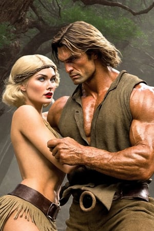 Award-wining photography, (Savage man Tarzan), protecting a beautiful 1920s (blonde woman), perfect face, sharp eyes, extremely definition, ripped clothes, pre-historic wilderness, Volumetric 3d effect, ZBrush render, additional Blender details, scene from a cinematic high quality movie, action, eerie, Vintage style, cinematic natural lighting, lines by Frank Frazetta. 