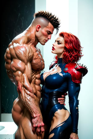 In love, Metal hurlant art style, (power couple:1.4), (a woman, extremly beautiful, ripped muscles, thicc ties, busty, red hair mistress, wearing ripped short bodysuit, shoulder pads:1.3), calm and assertive look, behind her back a (big alien man, extremely muscled with light armor, spiked hair:1.3), (gunfare:1.3), futuristic, dark sci-fi style, dystopian city scene, score_9_up, score_8_up, score_7_up,