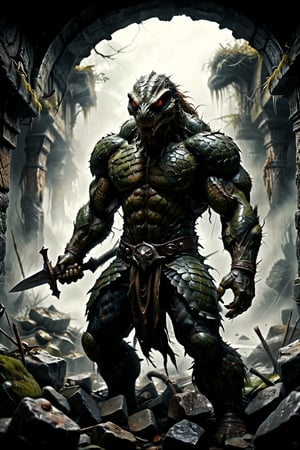 Dungeons & Dragons simon bisley art style, (realistic Anthropomorphic monster Snake with human torso:1.3), Extremely muscled and bulky, (Immensely detailed Snake full body, Rough skin, Scaly skin, Textured skin:1.2), (wearing armor:1.2) and (one holding an extra large broad blade sword in hand:1.4), rpg style, sharp focus, Immense detail, low light, (ancient dark gloomy dungeon filled with fog, bones, old rusty weapons:1.2), spider webs, aged, decayed, mossy, Chiaroscuro, action, (Glittering close up, reflective eyes, rim lighting, lights, detailed eyes), cinematic, hyperrealistic art, extremely high-resolution details, photographic, realism pushed to extreme, fine texture, incredibly lifelike, dark, 