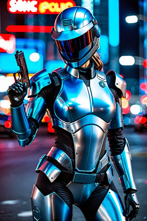 score_9, score_8_up, score_7_up, (insanely sexy robot cop woman:1.4), (wearing full metallic matte light blue grey smooth armor suit:1.3), rounded smooth voluptuous shapes and (wearing a full face helmet, black mirror visor:1.3), commanding action pose, (handling a long automatic sci-fi pistol:1.3), night scene, police red and blue lights, zdyna_pose, Cinematic 