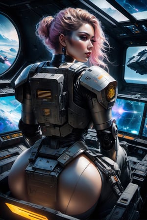 Technocore, dark atmosphere, Vaporwave art style by Karol Bak, Greg Rutkowski, Artgerm, WLOP, Back shot, Over the shoulder view, glibatree, claustrofobic Mechwarrior Cockpit interior, beautiful seated pilot woman, amazing ass, (super huge boobs:1.3), connected by tubes, looking at a large targeting monitor with a crosshair on enemy battle tank, Laser sharp Immense detail, night, hyperrealistic art, extremely high-resolution details, photographic, realism pushed to extreme, fine texture, incredibly lifelike,photo r3al,cyborg style