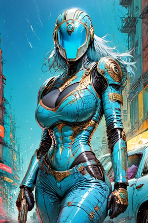 (insanely Slim fit, sexy robot cop woman:1.4), (wearing full metallic matte light blue grey solid armor:1.4), rounded smooth shapes, (huge breasts:1.2), (wearing a full steel beautiful face helmet:1.3), commanding action pose, (handling a long automatic sci-fi pistol:1.3), night scene, police car red and blue lights, score_9_up, score_8_up, score_7_up, 