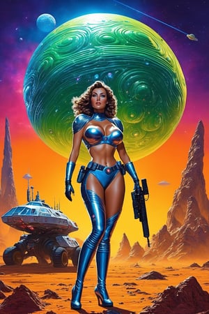 Realistic 3d glossy effect, Vintagecore, Better dead than alien, year 1940, retro futurism visions, Cosmic Horror, galactic aura symphony, infinite detail to every pore, sharp lines, additional art Bruce Pennington, (curvaceous (big breasts:1.6) spacegirl:2) standing with a laser rifle, wearing Vintage colorful body tight spacesuit, (a feet over an alien monster slime on the ground:2), a Vintage moon rocket landed, moonscape scenery,detailmaster2,p3rfect boobs,Sci-fi ,IMGFIX