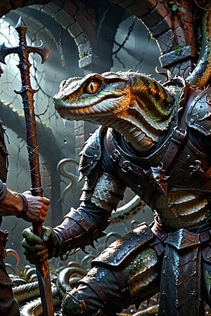 Dungeons & Dragons style art, (realistic Anthropomorphic monster Snake with human torso), (Immensely detailed Snake full body, Rough skin, Scaly skin, Textured skin), (wearing upper armor and large blade sword), rpg style game, sharp focus, Immense detail, low light, (ancient dark gloomy dungeon filled with fog, bones, old rusty swords and axes), spider webs, aged, decayed, mossy, Chiaroscuro, action, (Glittering close up, reflective eyes, rim lighting, lights, detailed eyes), cinematic, digital art, colorful, hyperrealistic art, extremely high-resolution details, photographic, realism pushed to extreme, fine texture, incredibly lifelike, reflective, 