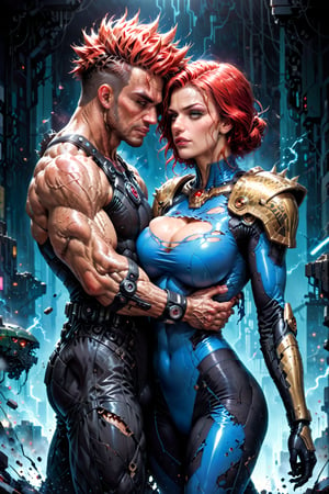 In love, Metal hurlant art style, (power couple:1.4), (a woman, extremly beautiful, ripped muscles, thicc ties, busty, red hair mistress, wearing ripped short bodysuit, shoulder pads:1.3), calm and assertive look, behind her back a (big alien man, extremely muscled with light armor, spiked hair:1.3), holding a huge heavy machinegun, futuristic, dark sci-fi style, dystopian city scene, score_9_up, score_8_up, score_7_up,