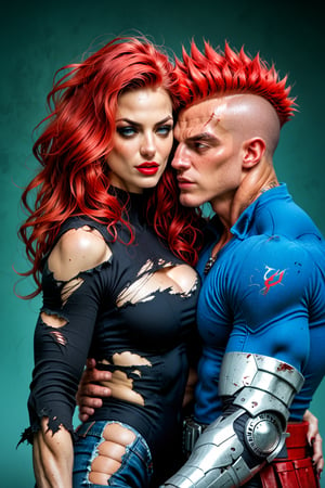 In love, Metal hurlant art style, (power couple:1.4), (woman, extremly beautiful and ripped muscled, red hair mistress, wearing ripped clothes, calm and assertive look:1.3), And a (big alien man, extremely muscled with light armor, spiked hair, with a huge heavy sci-fi gun:1.3), futuristic dark sci-fi style, dystopian city scene, score_9_up, score_8_up, score_7_up,