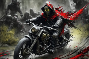 The caped Chainsaw biker, grotesquery, dark, eerie, hellish motorcycle, art by Yoann Lossel, spikes on wheels, bloody Macabre, 2000 AD comic style, red image filter, 3d ground view, High speed Slow motion, Dynamic motion blur, fisheye cam, dslr, raw photography, cinematic motion. 