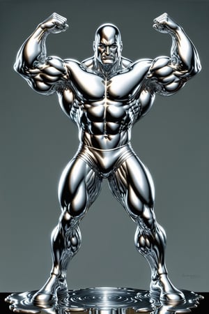 Photorealism, 8k, sharpest detail, (Man with (full) body made of chrome:1.2), heroic front posing as bodybuilder, arms up, perfect anatomy and musculature, masterpiece art by joe madureira and joe jusko, (reflective:1.2). 