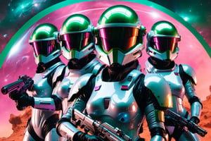 80s synthwave, Chiaroscuro, reflective, ghosting effect, Star command, spread side by side squad, 80s style, (five women space squad:1.5) (big boobs:4), (wearing grey smooth full spacesuits:2.5), (hermetic transparent globe helmets:3), (badass eyes, anger expressions:3), (holding blaster guns:5), (green galaxy nebula in space background:2), wide angle cowboy shot,cyberpunk style,vaporwave style,photo r3al