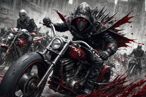 The caped Chainsaw biker, grotesquery, dark, eerie, hellish motorcycle, art by Yoann Lossel, spikes on wheels, bloody Macabre, 2000 AD comic style, red image filter, 3d ground view, High speed Slow motion, Dynamic motion blur, fisheye cam, dslr, raw photography, cinematic motion. 