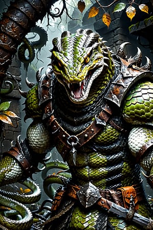 Dungeons & Dragons style art, (realistic Anthropomorphic monster Snake with human torso), (Immensely detailed Snake full body, Rough skin, Scaly skin, Textured skin), (wearing upper armor and large blade sword), rpg style game, sharp focus, Immense detail, low light, (ancient dark gloomy dungeon filled with fog, bones, old rusty swords and axes), spider webs, aged, decayed, mossy, Chiaroscuro, action, (Glittering close up, reflective eyes, rim lighting, lights, detailed eyes), cinematic, digital art, colorful, hyperrealistic art, extremely high-resolution details, photographic, realism pushed to extreme, fine texture, incredibly lifelike, reflective, 