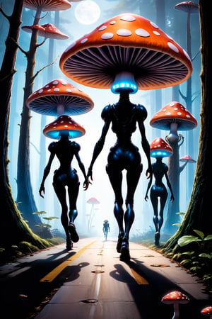 Glossy (Anthropomorphic walking alien mushroom creatures:1.2), with macabre faces inspired by Alex Horley's art style, invading Earth, specifically targeting Los Angeles city, dramatic lighting, golden ratio, ultra-realistic, digital painting. 