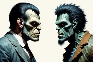 Two diferent characters, hyperrealistic Vintage art of a angry (Frankenstein:1.2) vs. A Savage (Wolfman:1.2), Zdzislaw Beksinski style, extremely high-resolution details, photographic, realism pushed to extreme, fine texture, incredibly lifelike, medium shot, grotesquery, ultra skin, intricate clothes, badass look, action, best quality, artwork masterpiece, REALISTIC, Enhanced Reality, ,Enhanced Reality