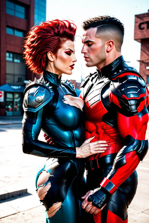 Dystopian war, Metal hurlant art style, (power couple:1.4), (a woman, extremly beautiful, ripped muscles, thicc ties, busty, red hair mistress, wearing ripped short bodysuit, shoulder pads:1.3), calm and assertive bad look, behind her back a (big alien bodyguard man, extremely muscled with light armor, spiked hair:1.3), (warfare:1.3), futuristic, dark sci-fi style, dystopian city scene, score_9_up, score_8_up, score_7_up,