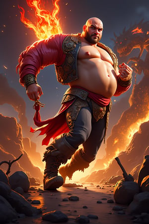 Arcade style platformer, Jinborov Karnovski aka karnov the bulging-muscled, fire-breathing, east-Russian, ex-circus strongman bald hero, belly, running to fight monsters, arcade game style, dynamic, vibrant, action-packed, detailed character design, reminiscent of fighting video games, 