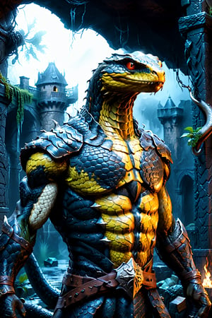 Dungeons & Dragons style art, (realistic Anthropomorphic monster Snake with human torso:1.3), (Immensely detailed Snake full body, Rough skin, Scaly skin, Textured skin:1.2), (wearing armor and one extra large blade sword in hand:1.2), rpg style, sharp focus, Immense detail, low light, (ancient dark gloomy dungeon filled with fog, bones, old rusty swords and axes:1.2), spider webs, aged, decayed, mossy, Chiaroscuro, action, (Glittering close up, reflective eyes, rim lighting, lights, detailed eyes), cinematic, hyperrealistic art, extremely high-resolution details, photographic, realism pushed to extreme, fine texture, incredibly lifelike, reflective, 