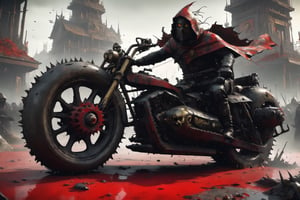 The caped Chainsaw biker, grotesquery, dark, eerie, hellish motorcycle, art by Yoann Lossel, spikes on wheels, bloody Macabre, 2000 AD comic style, red image filter, 3d ground view, High speed Slow motion, Dynamic motion blur, fisheye cam, dslr, raw photography, cinematic motion. 