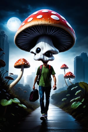 Glossy (Anthropomorphic walking alien mushroom creatures:1.2), with macabre faces inspired by Alex Horley's art style, invading Earth, specifically targeting Los Angeles city, dramatic lighting, golden ratio, ultra-realistic, digital painting. 