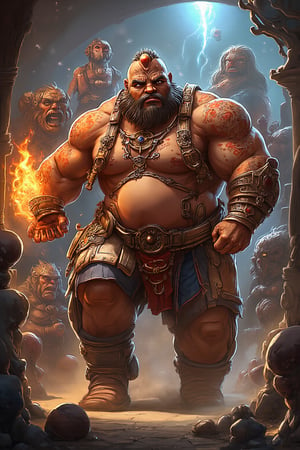 Arcade style platformer, Jinborov Karnovski aka karnov the bulging-muscled, fire-breathing, east-Russian, ex-circus strongman bald hero, belly, running to fight monsters, arcade game style, dynamic, vibrant, action-packed, detailed character design, reminiscent of fighting video games, 