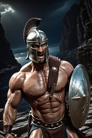 photo realism, 15mm wide-angle lens, masterpiece Art by Joe Jusko and joe madureira, (Extremely perfect, exagerated muscled anatomy:1.4), (Greek hoplite Spartan, holding a spear and shield:1.3), ultra photoreal, photographic, concept art, cinematic lighting, cinematic composition, ultra-detailed, ultra-realistic, photorealism, 8k, octane render, cinematic, realistic, highly detailed, UHD, perfect composition, beautiful, intricate, insanely detailed, rays, reflects. ,better photography,KA,disney pixar style,dark moody atmosphere