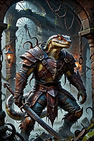 Dungeons & Dragons style art, (realistic Anthropomorphic monster Snake with human torso), (Immensely detailed Snake full body, Rough skin, Scaly skin, Textured skin), (wearing upper armor and large blade sword), rpg style game, sharp focus, Immense detail, low light, (ancient dark gloomy dungeon filled with fog, bones, old rusty swords and axes), spider webs, aged, decayed, mossy, Chiaroscuro, action, (Glittering close up, reflective eyes, rim lighting, lights, detailed eyes), cinematic, digital art, colorful, hyperrealistic art, extremely high-resolution details, photographic, realism pushed to extreme, fine texture, incredibly lifelike, reflective, 