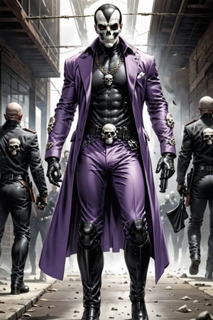 The Phantom by Lee Falk, tight light purple suit, athletic muscled, skull buckle, black long boots, black eye mask, double gun holsters. 