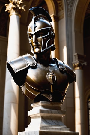 Spartan warrior cast as a bronze bust statue, positioned centrally on a marble pedestal flanked by Corinthian columns, intricate detail on the helmet plume, patina accentuating the warrior's stern features, armor embossed with historical motifs, in a grand hall with sunlight filtering through high arching windows casting soft shadows, dramatic lighting, high dynamic range, 8k resolution. ,cyborg style
