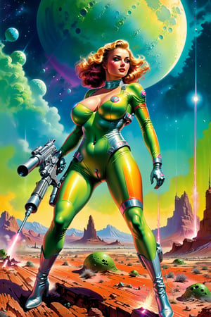 Realistic 3d glossy effect, Vintagecore, Better dead than alien, year 1940, retro futurism visions, Cosmic Horror, galactic aura symphony, infinite detail to every pore, sharp lines, additional art Bruce Pennington, (curvaceous (big breasts:1.5) spacegirl:2) standing with a laser rifle, wearing Vintage colorful body tight spacesuit, an (alien slime lies on the ground:1.5), a Vintage moon rocket landed, moonscape scenery,detailmaster2