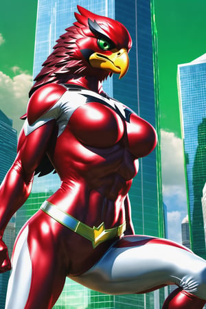 (Red hawk a super hero girl:1.3), white and red suit, (white eyes:1.3), (skinny ripped extremely muscled:1.3) , (big uppy boobs:1.4), wonder face, cowboy shot, punching the air, city scenery, (green energy glow:1.4), hyperrealistic art, extremely high-resolution details, photographic, realism pushed to extreme, fine texture, incredibly lifelike, Laser sharp Immense detail, Blurred Motion, Realistic 3d glossy effect ,detailmaster2,realg,neon,3d toon style,photorealistic,xxmixgirl,realism