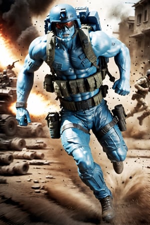 2000AD style, (Rogue Trooper:1.2), (muscular:1.2), blue skin, military sci-fi, (running in a battlefield:2), Dynamic motion blur, Laser sharp Immense detail, fov, full shot,NightmareFlame