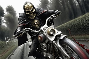 The caped Chainsaw biker, grotesquery, dark, eerie, hellish motorcycle, art by Yoann Lossel, spikes on wheels, bloody Macabre, 2000 AD comic style, red image filter, 3d ground view, High speed Slow motion, Dynamic motion blur, fisheye cam, dslr, raw photography, cinematic motion. 