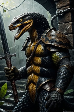 Dungeons & Dragons style art, (realistic Anthropomorphic monster Snake with human torso:1.3), (Immensely detailed Snake full body, Rough skin, Scaly skin, Textured skin:1.2), (wearing armor and one extra large blade sword in hand:1.2), rpg style, sharp focus, Immense detail, low light, (ancient dark gloomy dungeon filled with fog, bones, old rusty swords and axes:1.2), spider webs, aged, decayed, mossy, Chiaroscuro, action, (Glittering close up, reflective eyes, rim lighting, lights, detailed eyes), cinematic, hyperrealistic art, extremely high-resolution details, photographic, realism pushed to extreme, fine texture, incredibly lifelike, reflective, 