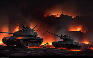 dark theme, in a battlefield, no one alive, soldiers dead bodies all around the ground, foggy, aircraft crashes on a building, tanks crashed each other and on flames, bloody, reddishilding broken and in flames, in a city with bu